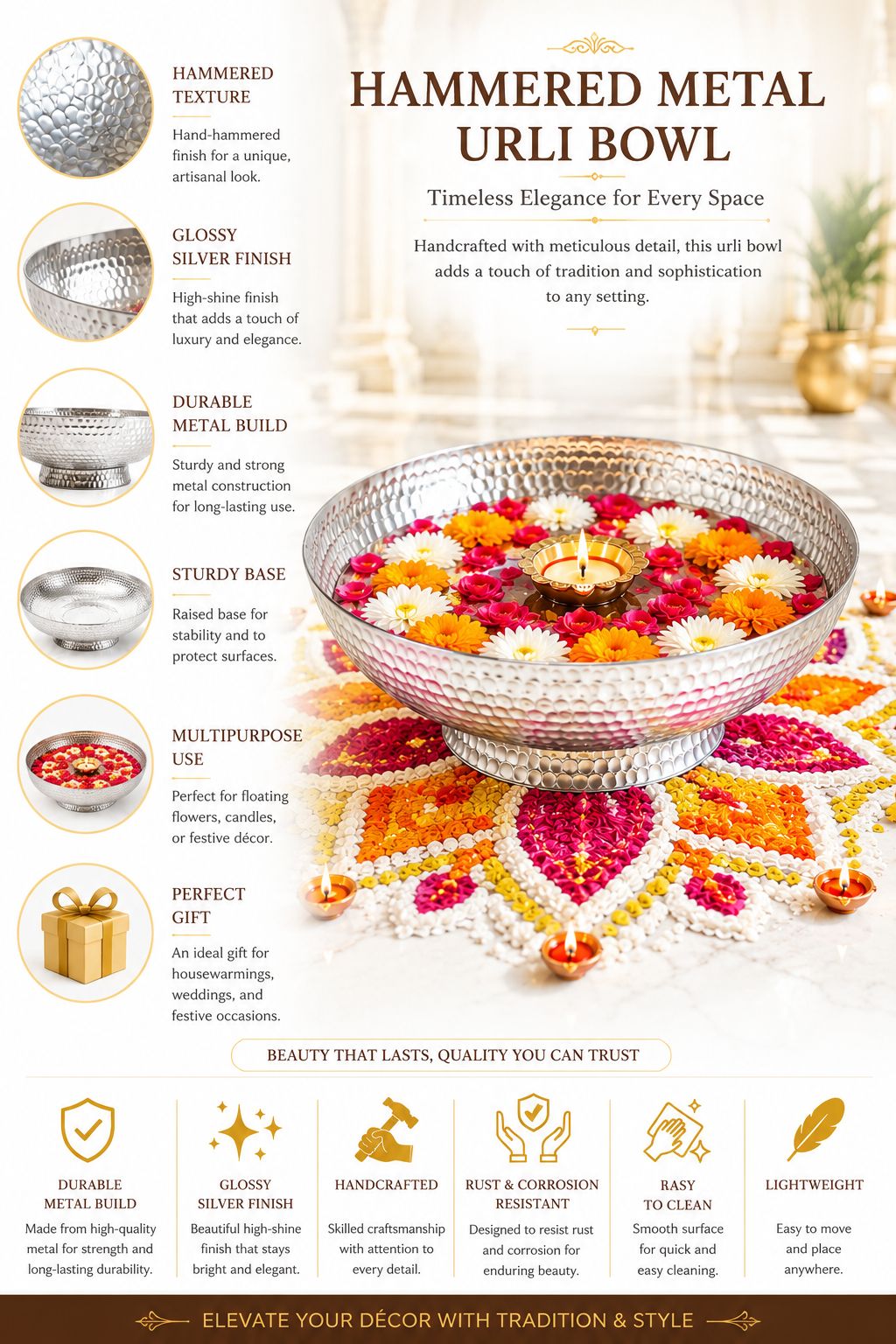 premium hammered silver urli bowl decorative metal floating flower bowl for water candles tea lights diyas handcrafted festival pooja wedding home decor centerpiece