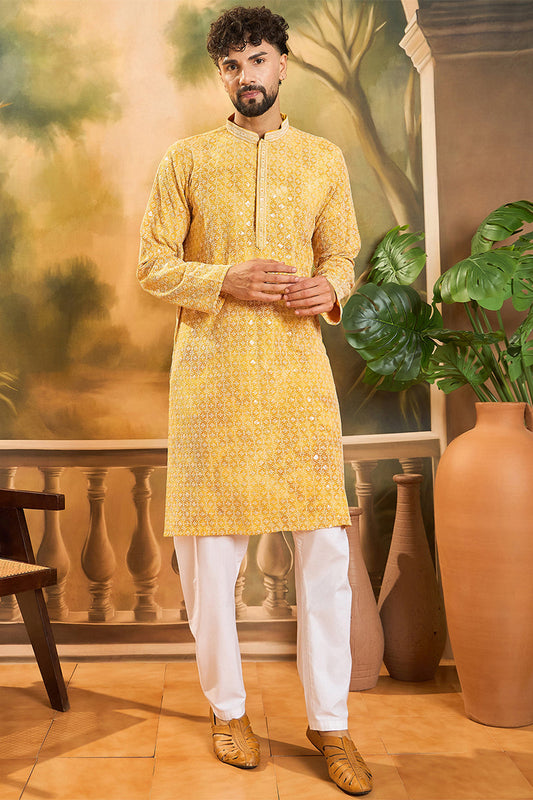 Yellow Viscose Rayon Shibori Embroidered Straight Kurta with Trouser MKSET1483