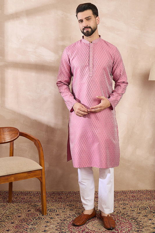 Pink Silk Blend Solid Woven Design Straight Kurta MKU1898