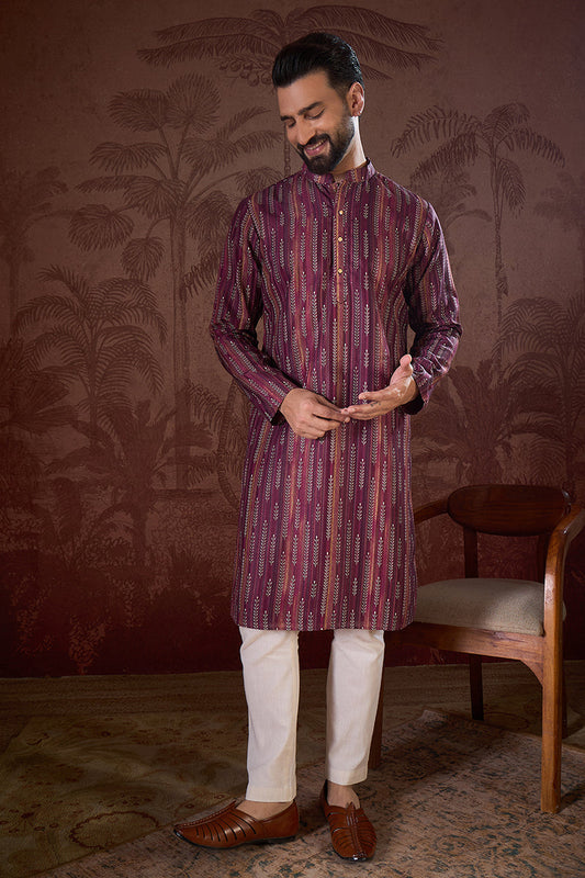 Purple Silk Blend Striped Printed Straight Kurta With Trouser MKSET1905