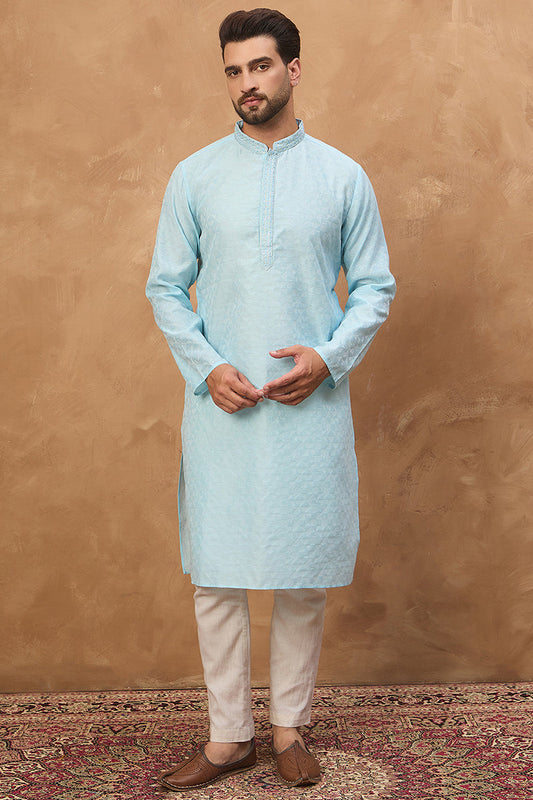 Blue Silk Blend Solid Embroidered Straight Kurta MKU1452