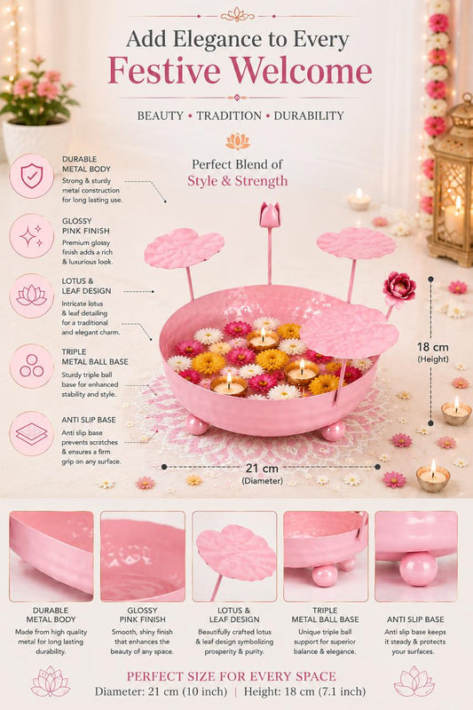 galvanized metal urli bowl for floating flowers candles decorative urli with lotus stems for home festival decor pink