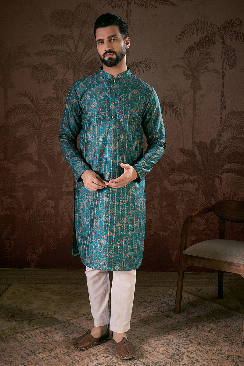 Blue Silk Blend Ethnic Motifs Printed Straight Kurta With Trouser MKSET1906