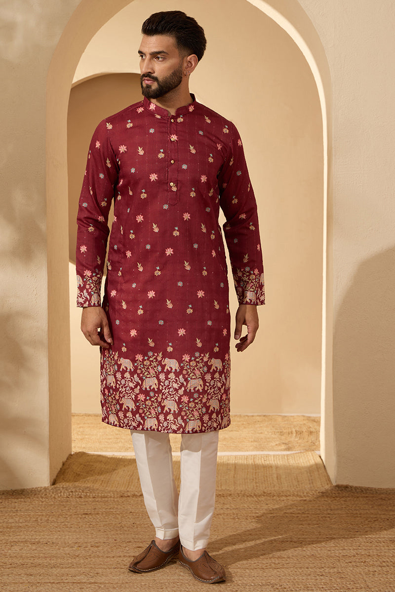 ethnic-bay-mens-maroon-silk-blend-woven-design-calf-length-straight-regular-kurta-with-trouser-mkset2368
