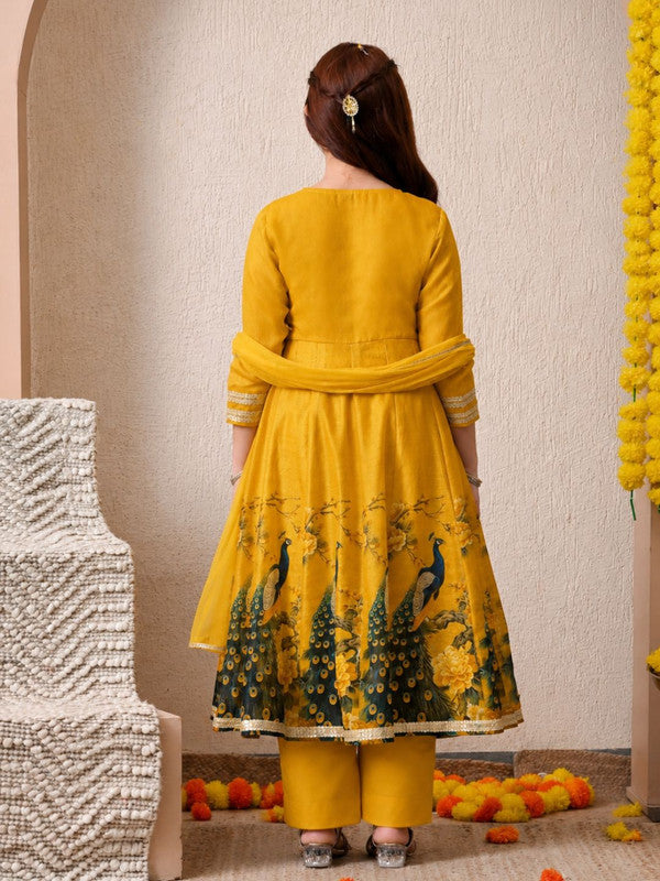 Indi Loom Couture Girls Mustard Yellow Printed Anarkali Kurta with Solid Pants & Dupatta Set ILKSD47