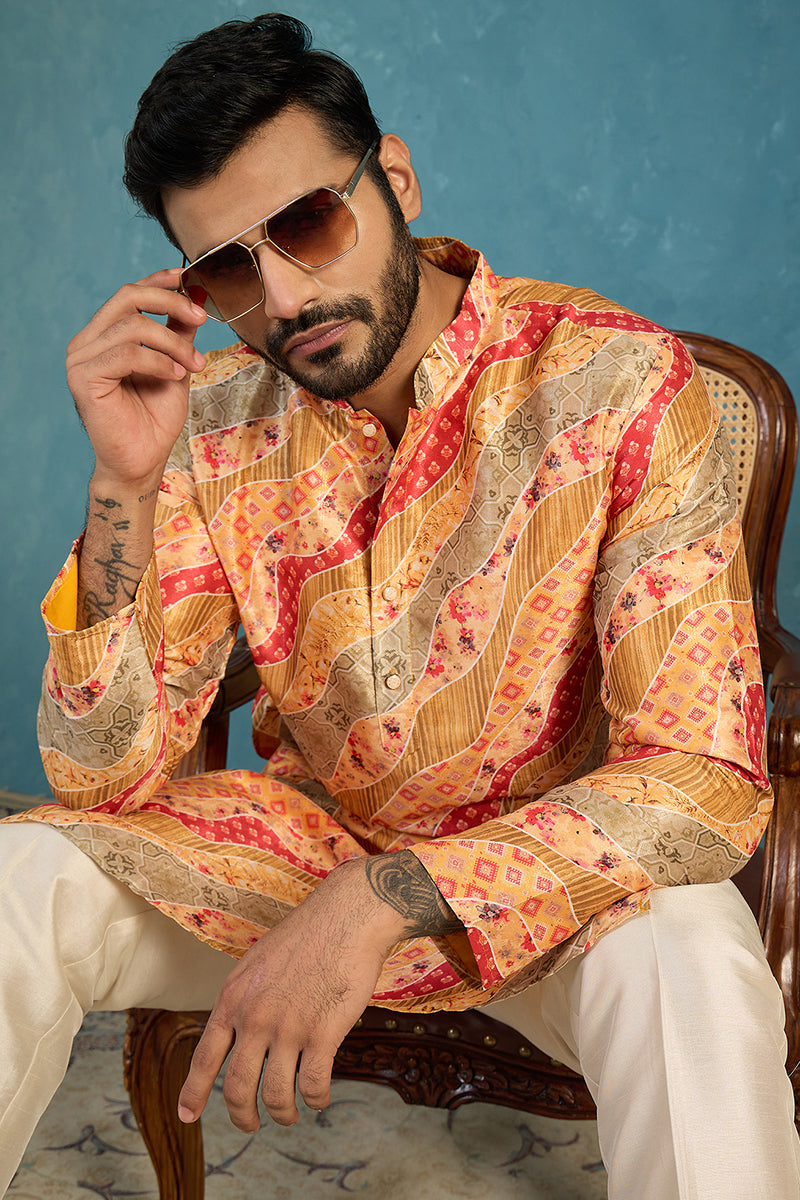 Yellow Silk Blend Printed Straight Kurta With Trousers