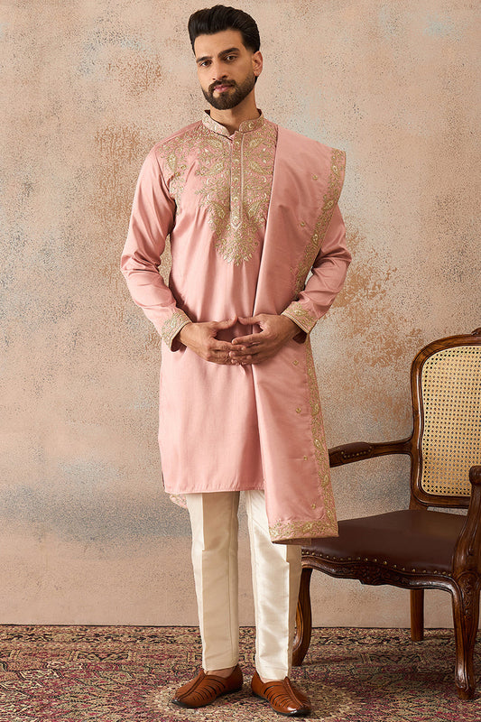 Men Pink Zari Embroidered Silk Blend Kurta with Dupatta MKUD1045