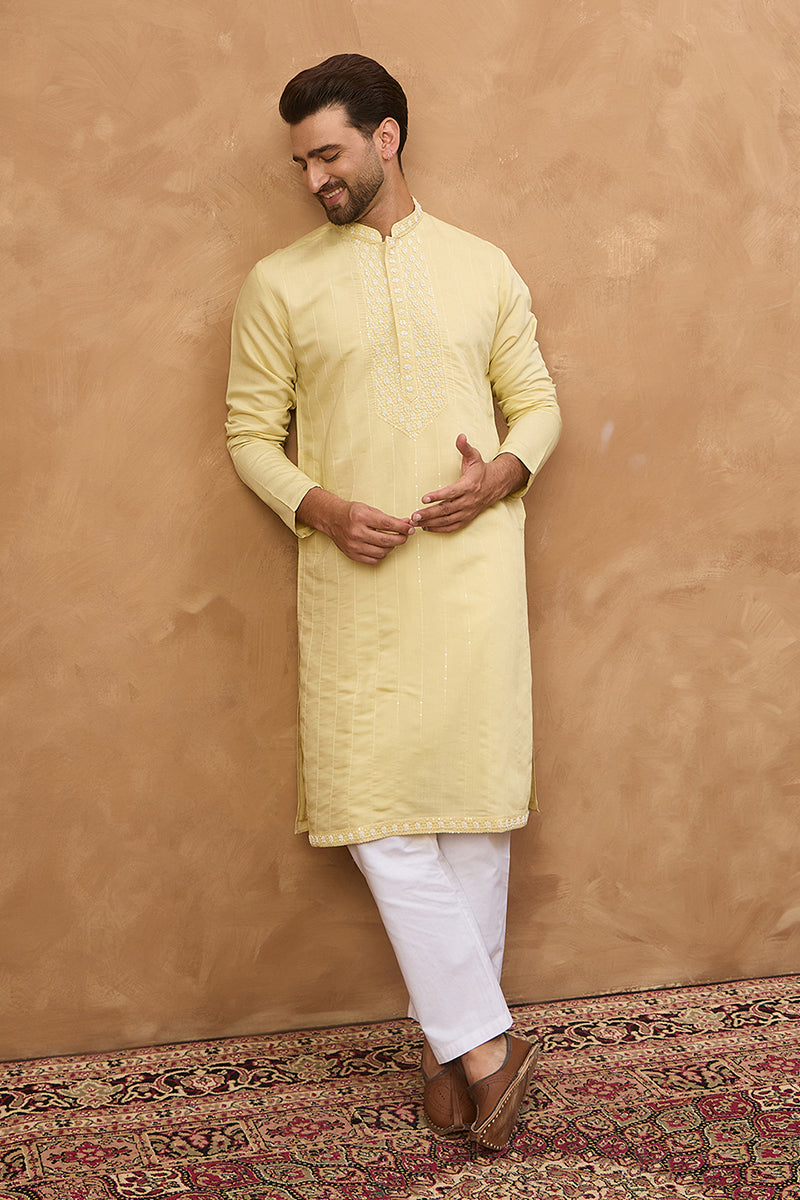 Yellow Silk Blend Solid Embroidered Straight Kurta MKU1507
