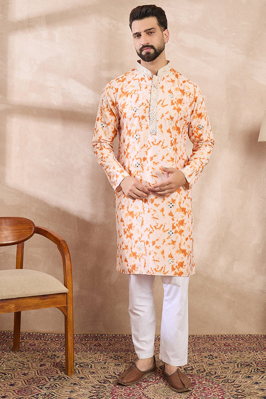 Orange Silk Blend Solid Embroidered Straight Kurta MKU2002
