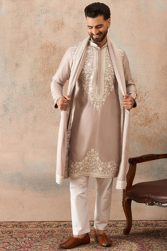 Mens Beige Silk Blend Solid Embroidered Kurta With Dupatta MKUD1042