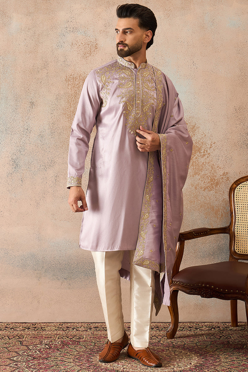 Men Lavender Zari Embroidered Silk Blend Kurta with Dupatta MKUD1047