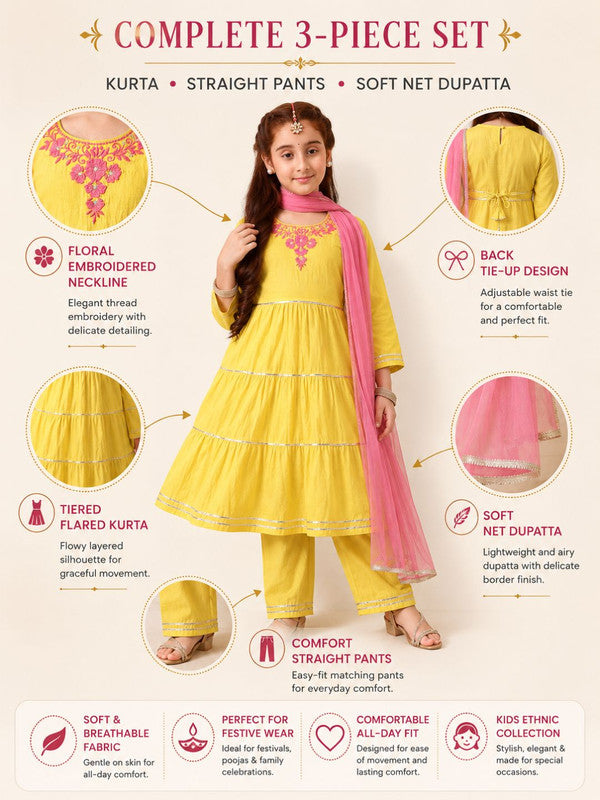 Indi Loom Couture Girls Lime Green Embroidered Tiered Kurta with Pants & Dupatta Set ILKSD74