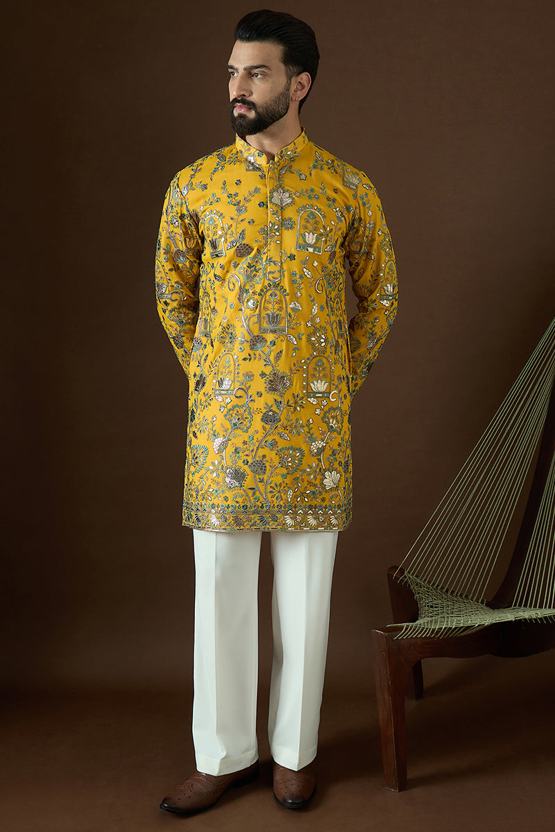 Yellow Georgette Solid Embroidered Straight Kurta Sets MKSET1873