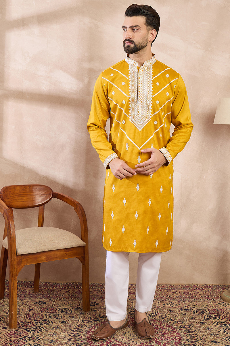 Yellow Silk Blend Ethnic Motifs Embroidered Straight Kurta With Trouser MKSET1790