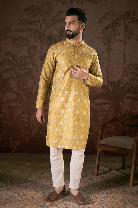 Mustard Silk Blend Ethnic Motifs Printed Straight Kurta With Trouser MKSET1926