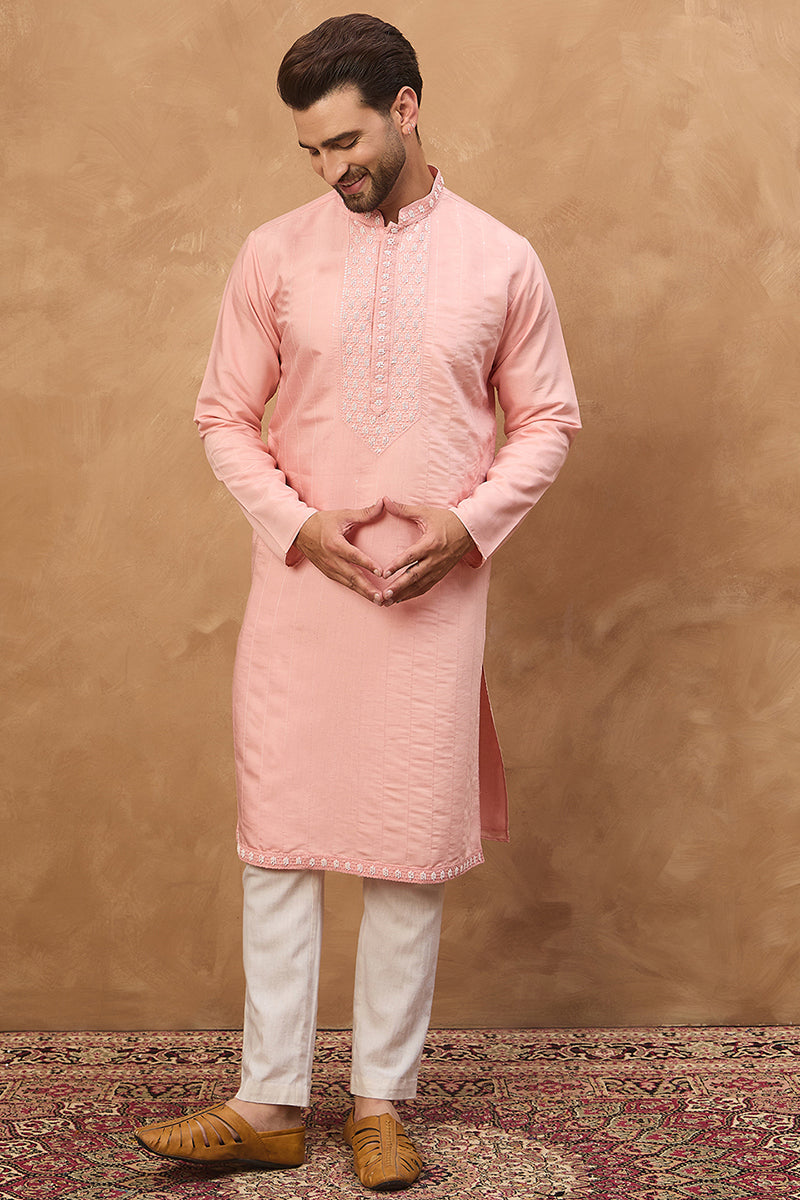 Peach Silk Blend Solid Solid Straight Kurta MKU1506