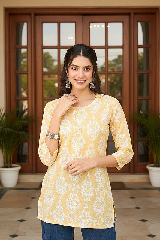 yellow cotton blend ethnic motifs printed regular top 