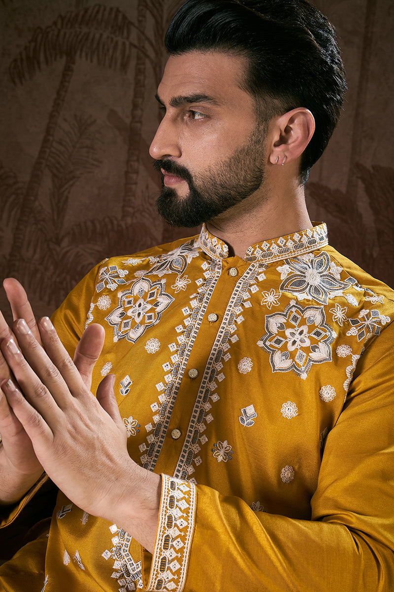 Mustard Silk Blend Solid Embroidered Straight Kurta With Trouser MKSET1796