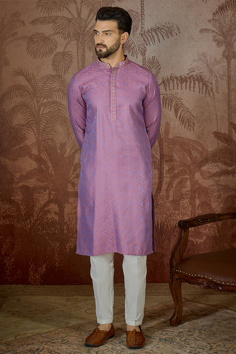 Mens Purple Jacquard Geometric Embroidered Kurta With Trouser MKSET2549