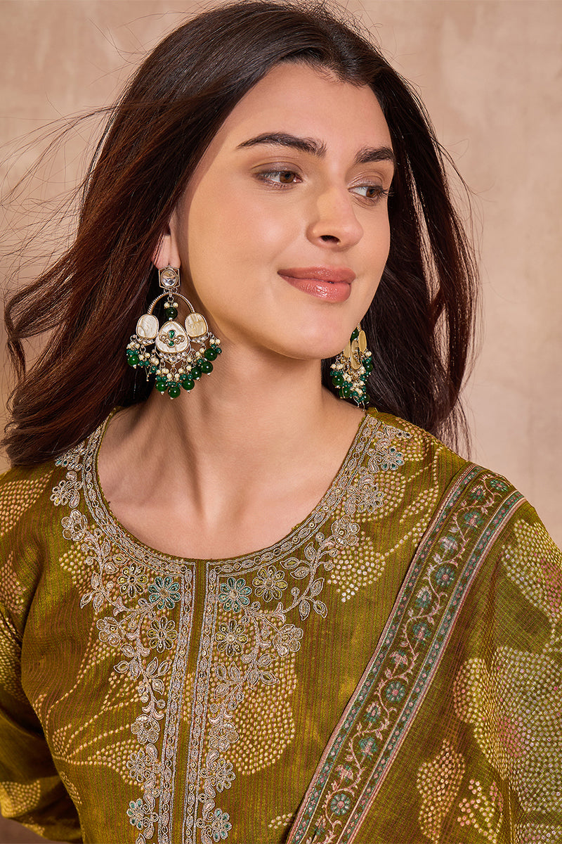 green silk blend floral printed straight kurta trouser with dupatta