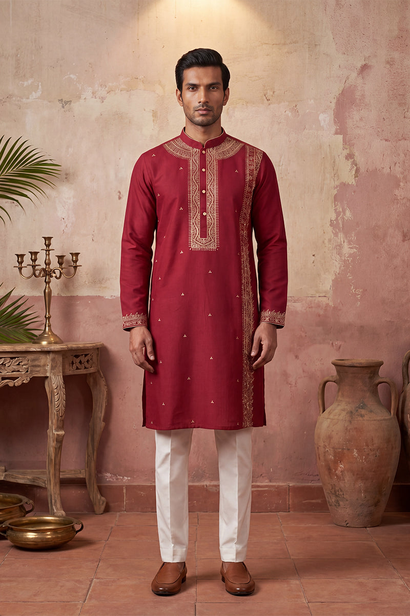 Mens Red Silk Blend Solid Emboidered Straight Kurta With Trouser MKSET2314