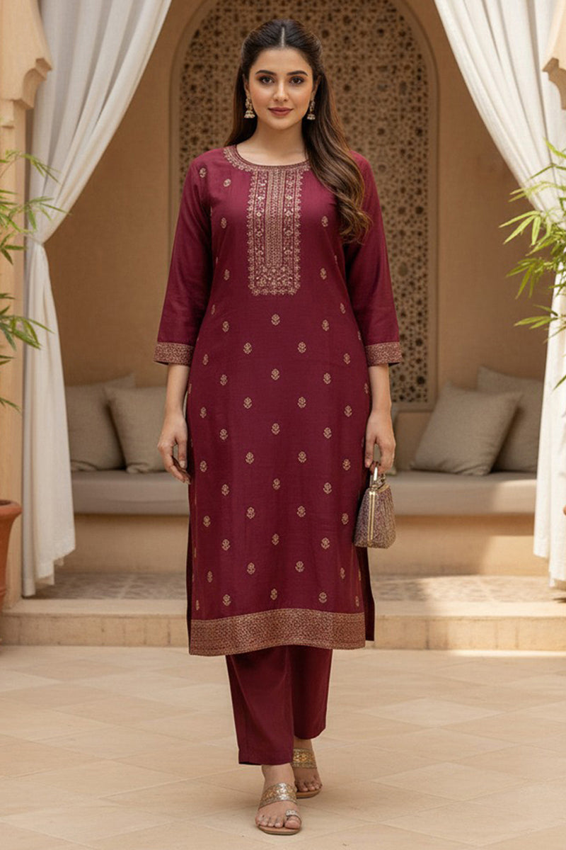 maroon silk blend ethnic motifs stoning straight kurta trouser with dupatta