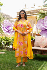 yellow silk blend floral printed straight kurta trousers with dupatta
