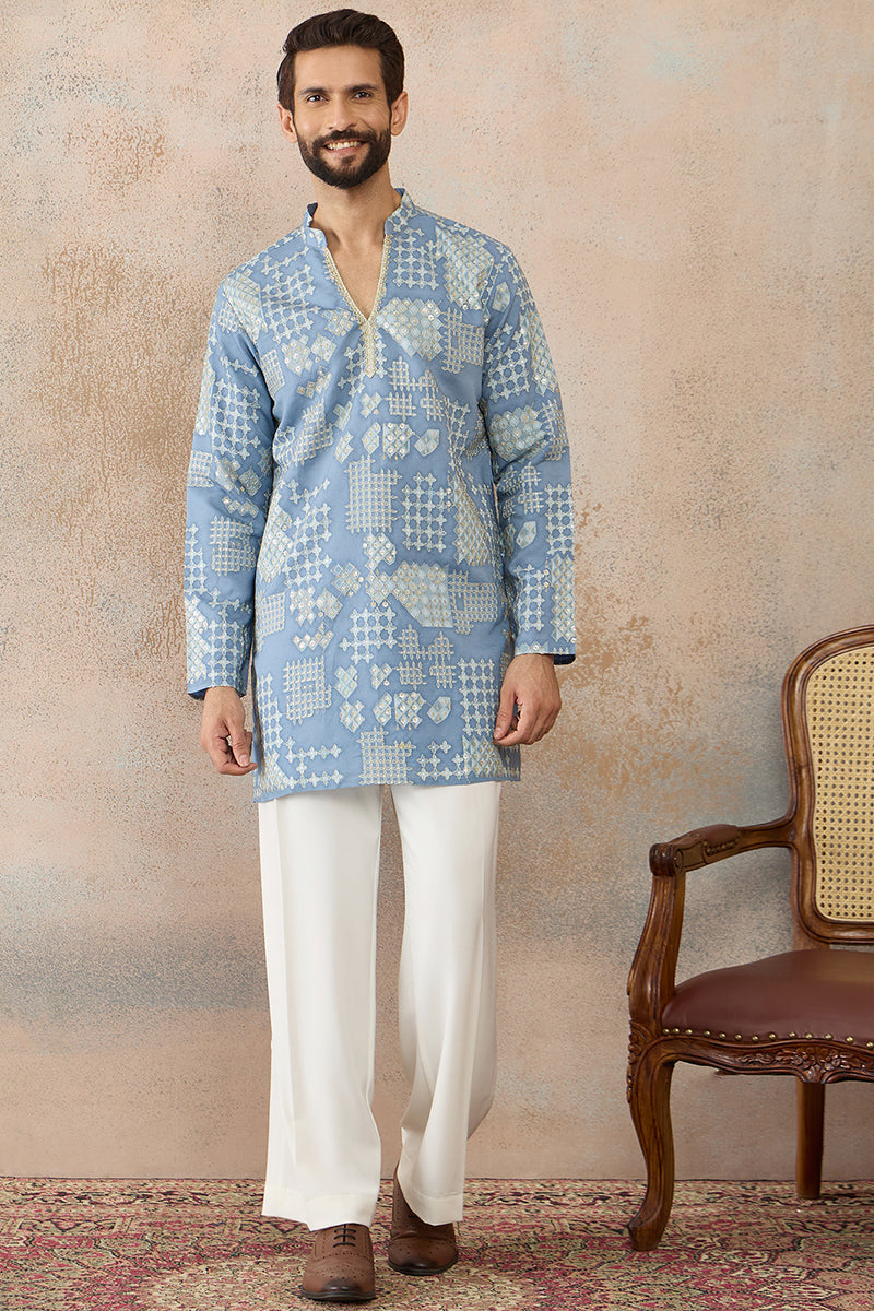 Mens Blue Silk Blend Solid Embroidered Kurta With Trouser MKSET2454