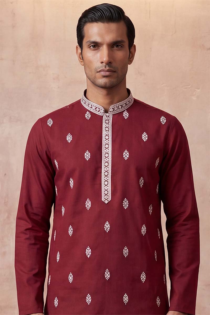 Silk Blend Maroon Solid Embroidered Calf Length Straight Kurta MKU2270