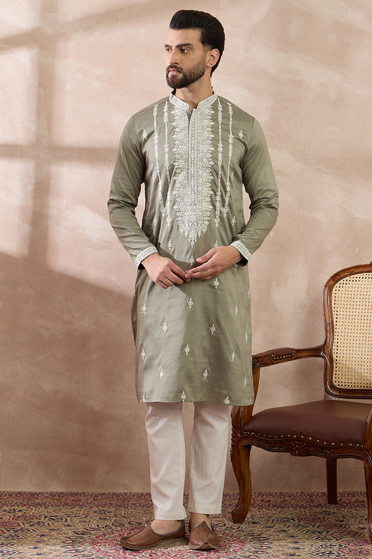 Green Silk Blend Embroidered Mandarin Collar Straight Kurta MKU1791