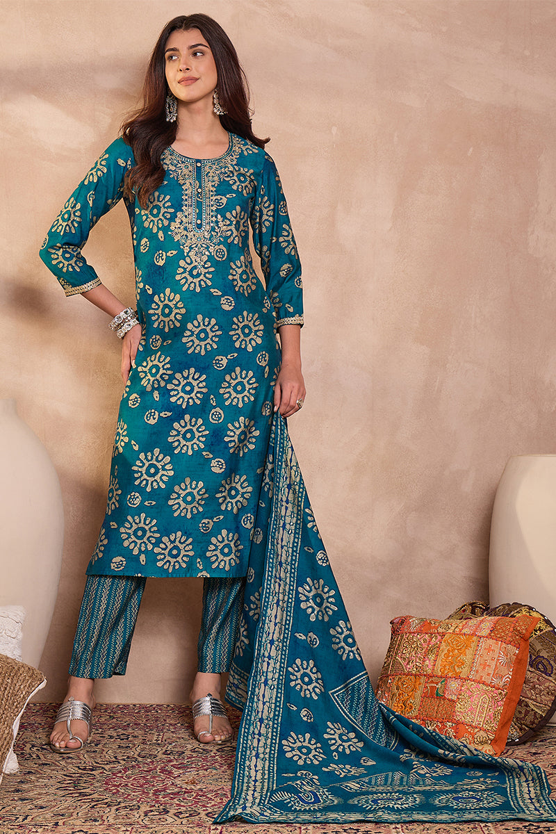 blue rayon blend floral printed straight kurta trouser with dupatta 
