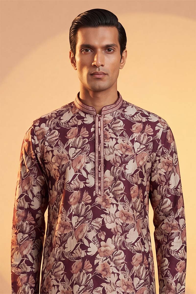 Mens Purple Viscose Rayon Floral Printed Kurta With Trousers MKSET1981