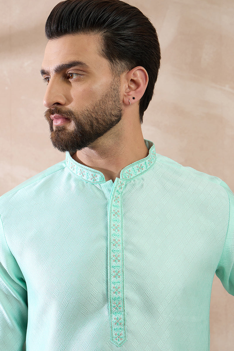 Teal Polyester Woven Design Mandarin Collar Straight Kurta MKU2016