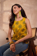 yellow cotton blend floral printed top