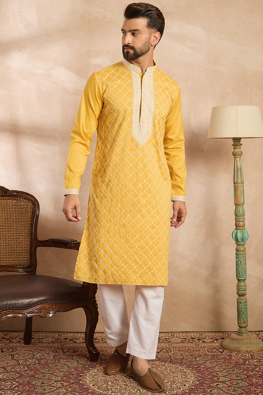 Yellow Silk Blend Embroidered Mandarin Collar Straight Kurta MKU1691