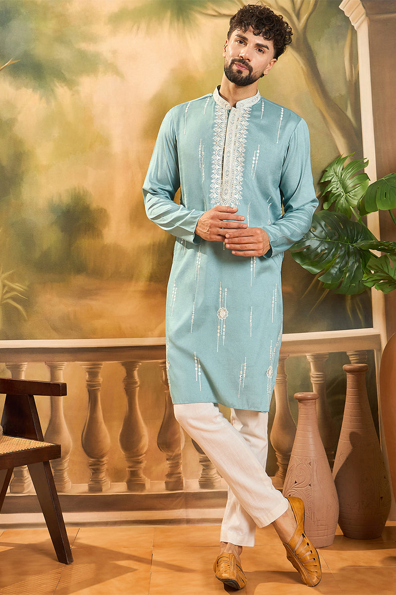 Blue Silk Blend Solid Embroidered Straight Kurta with Trouser MKSET1490