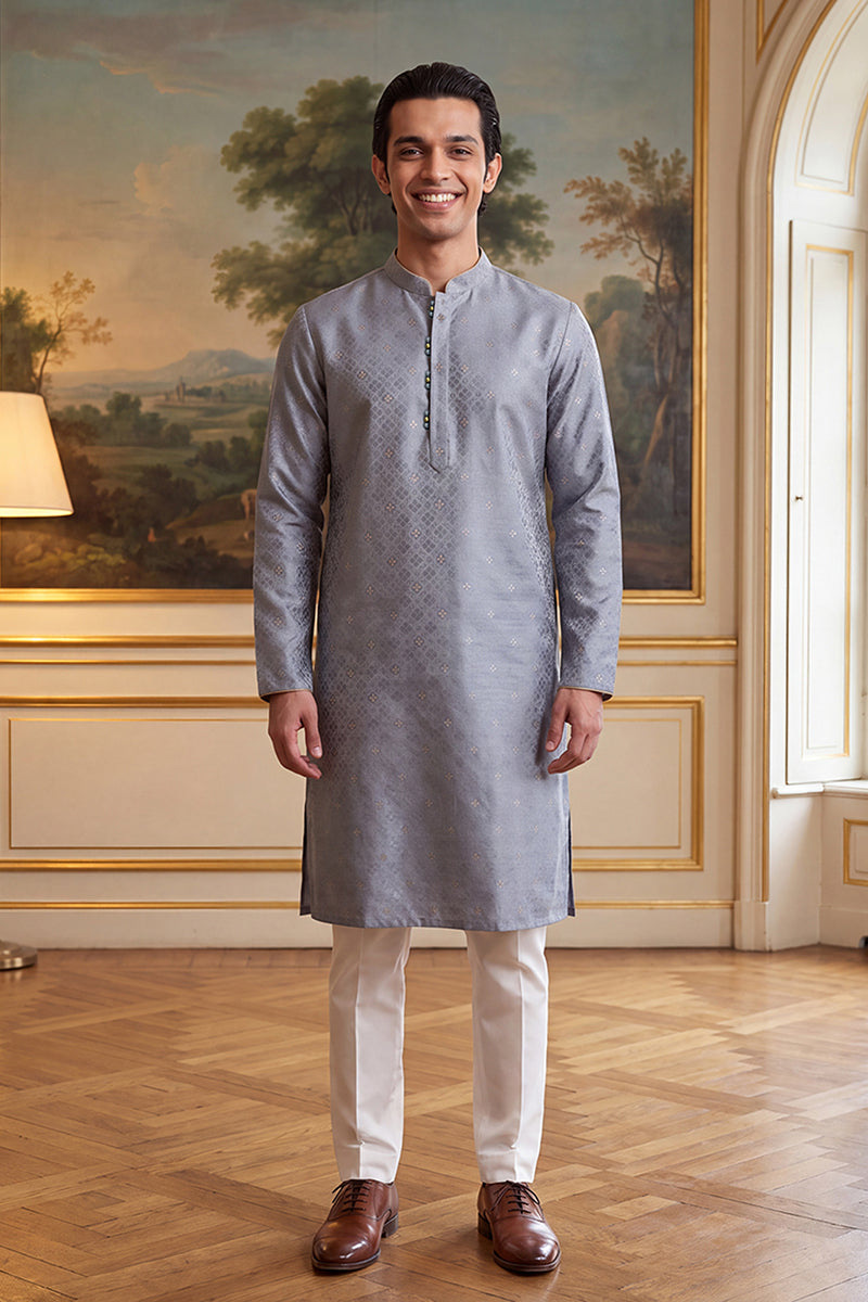 Mens Grey Jacquard Ethnic Motifs Woven Design Kurta MKU2642