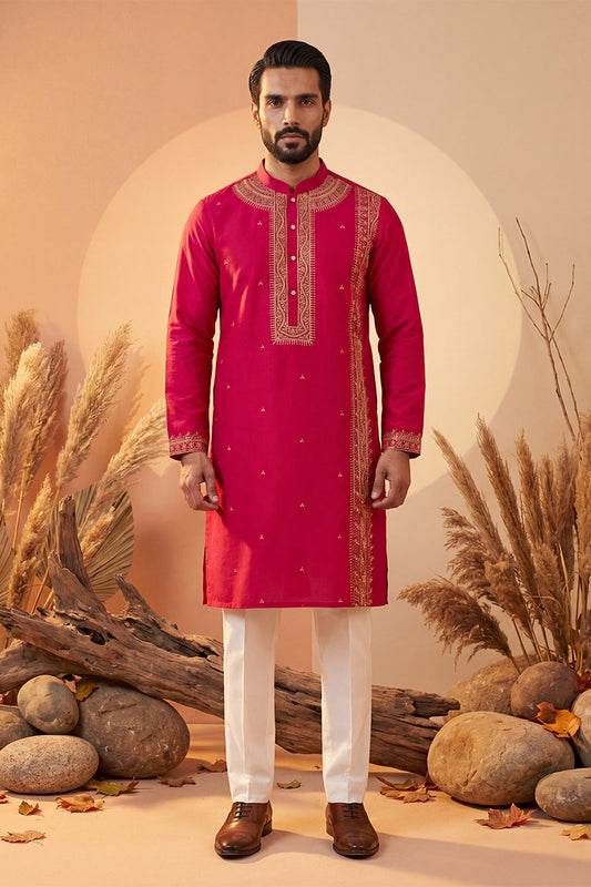 Mens Pink Silk Blend Solid Emboidered Straight Kurta With Trouser MKSET2315