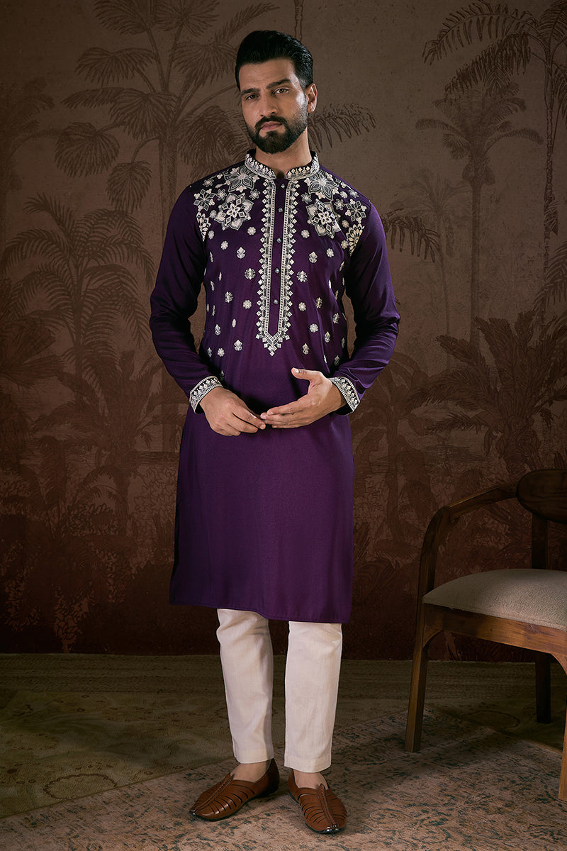 Purple Silk Blend Solid Embroidered Straight Kurta With Trouser MKSET1797