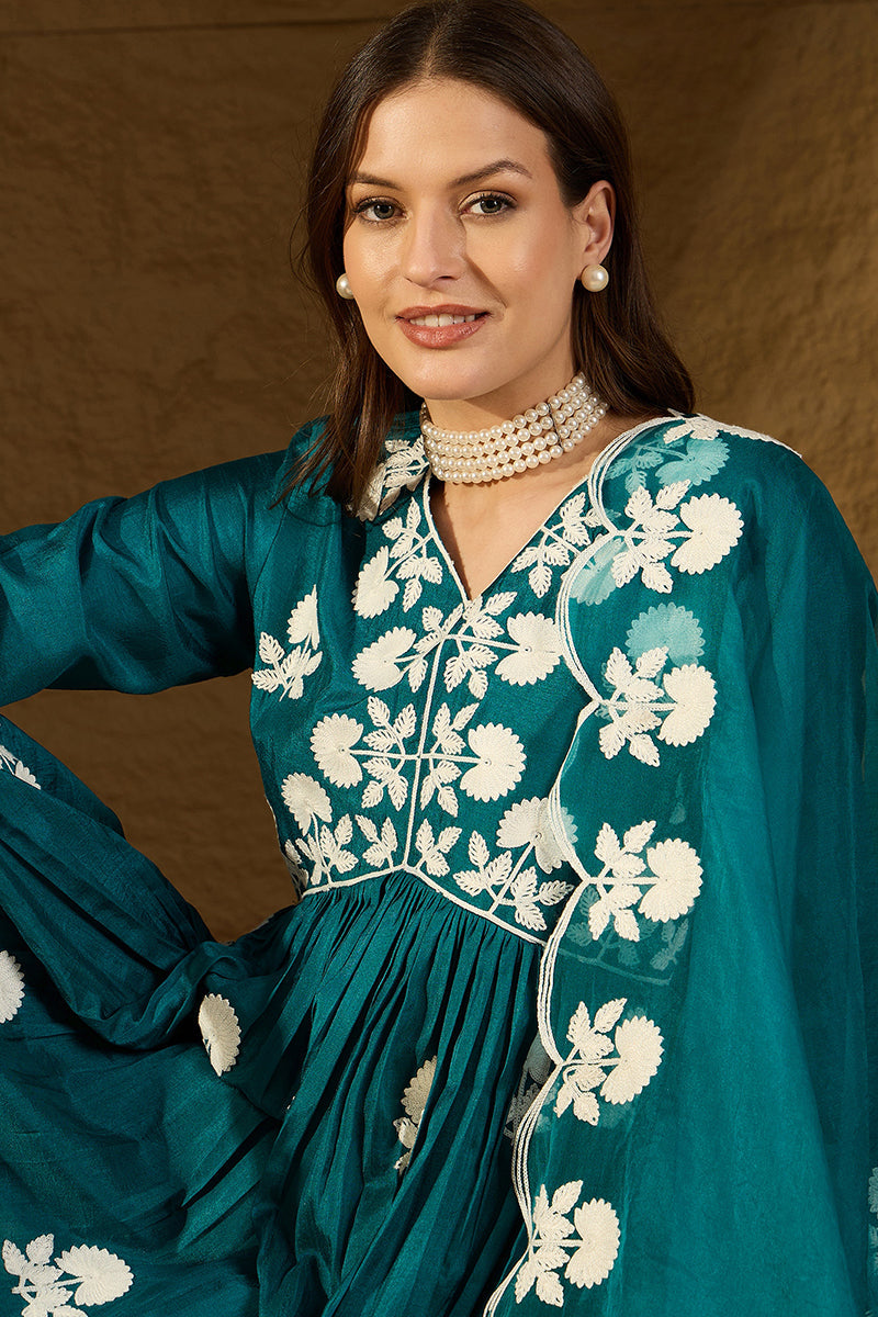 teal silk blend solid embroidered a line kurta trouser with dupatta 