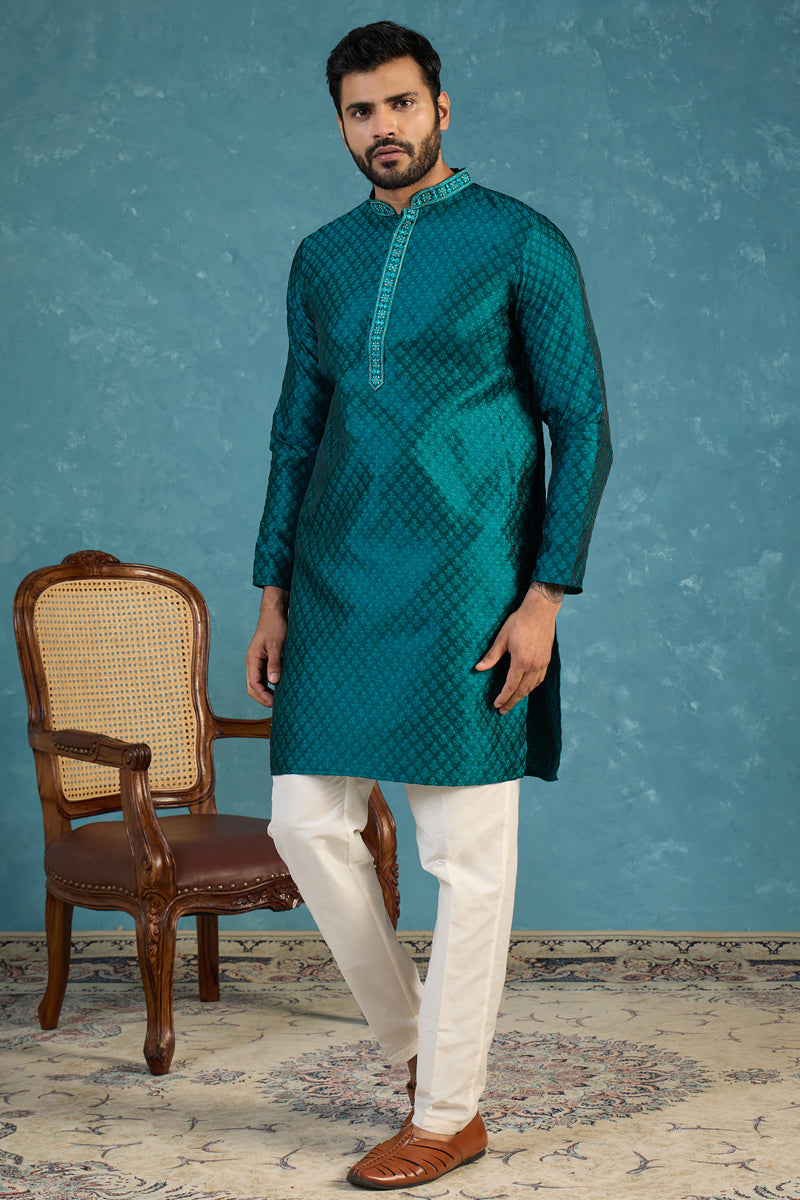 Mens Teal Silk Blend Woven Design Straight Kurta MKU1838