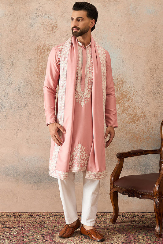 Mens Peach Silk Blend Solid Embroidered Kurta Trouser With Dupatta MKPD1041
