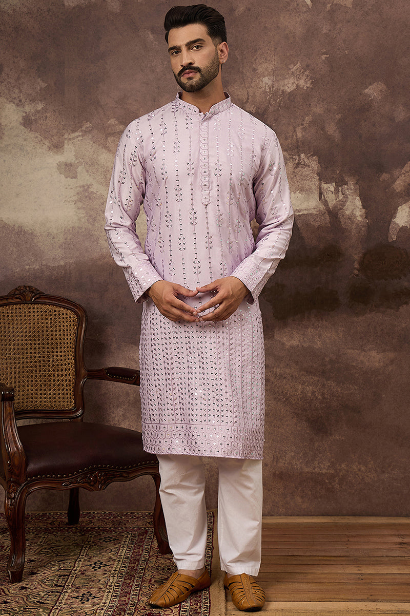 Lavender Silk Blend Solid Embroidered Straight Kurta With Pant Set MKSET1359