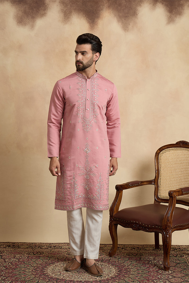 Mens Pink Silk Blend Solid Embroidered Straight Kurta With Trouser MKSET2526