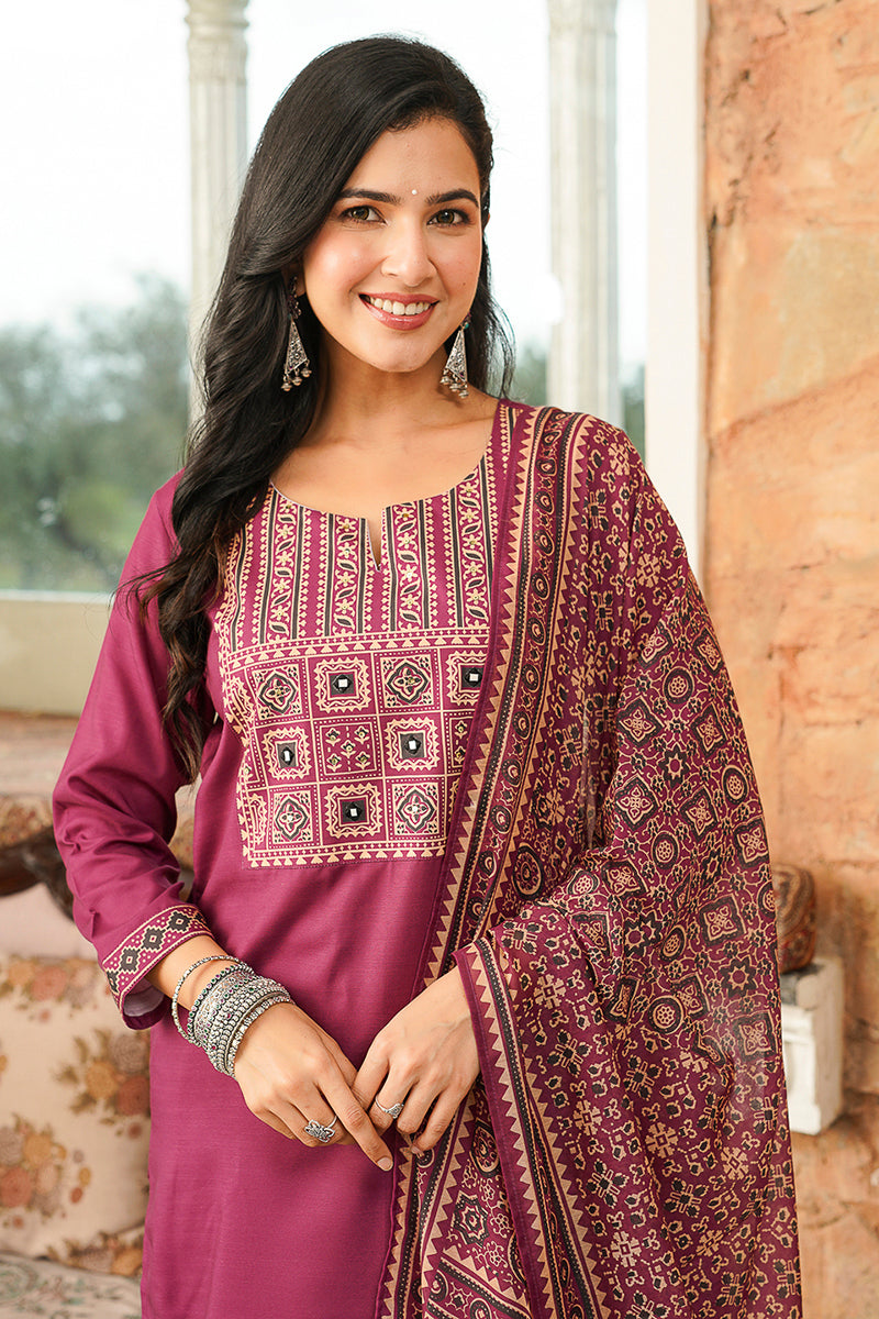 purple rayon blend ajrakh printed straight kurta trousers with dupatta 