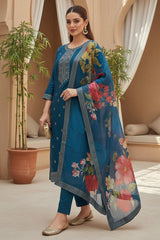 blue silk blend ethnic motifs stoning straight kurta trouser with dupatta