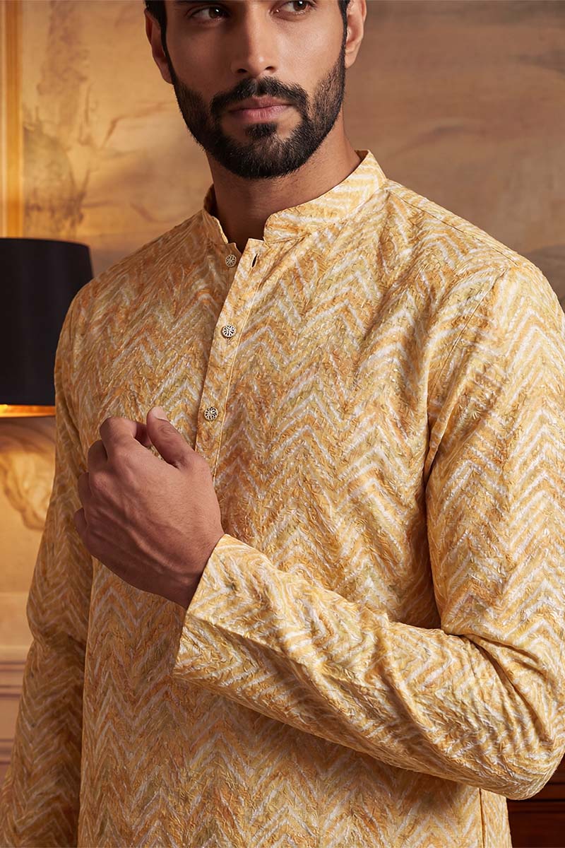 Yellow  Linen Printed Straight Kurta With Trousers MKSET2066