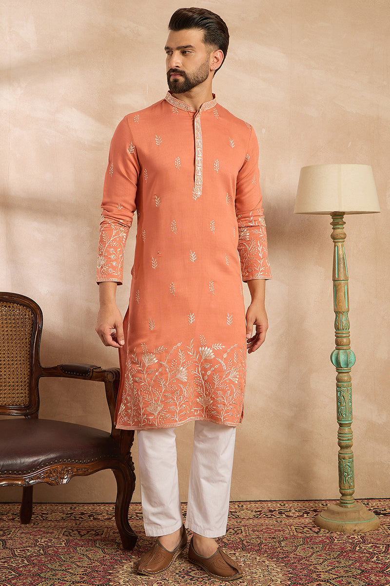 Peach Vartican Solid Embroidered Straight Kurta With Trouser MKSET1935