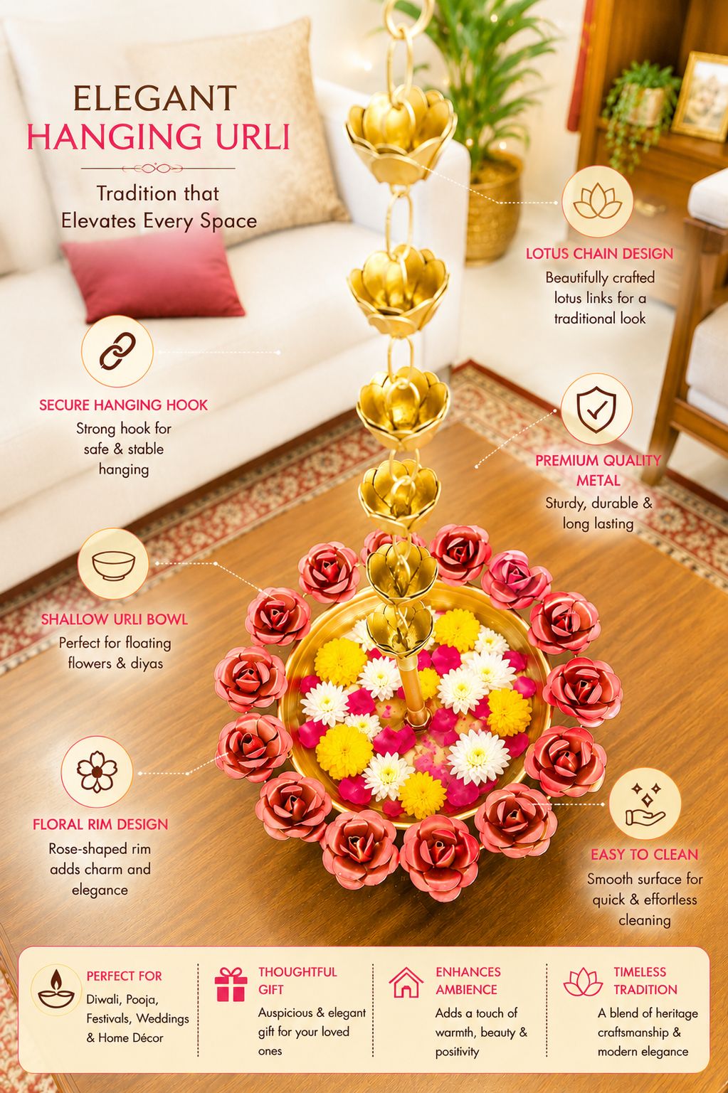 premium hanging lotus urli bowl with rose rim design decorative metal floating flower bowl with lotus chain hanging urli for water candles tea lights diwali pooja wedding home decor
