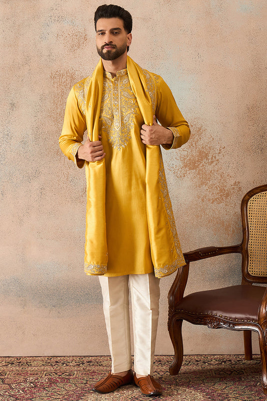 Men Yellow Silk Blend Embroidered Ethnic Kurta with Dupatta MKUD1023